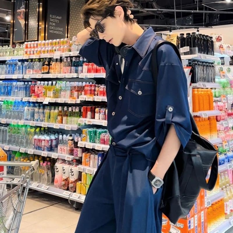 Summer Thin Denim Short Sleeve Shirt Set Men Ryder Matching Five-Point Sleeve Trousers Casual Drape Loose Two-Piece Set