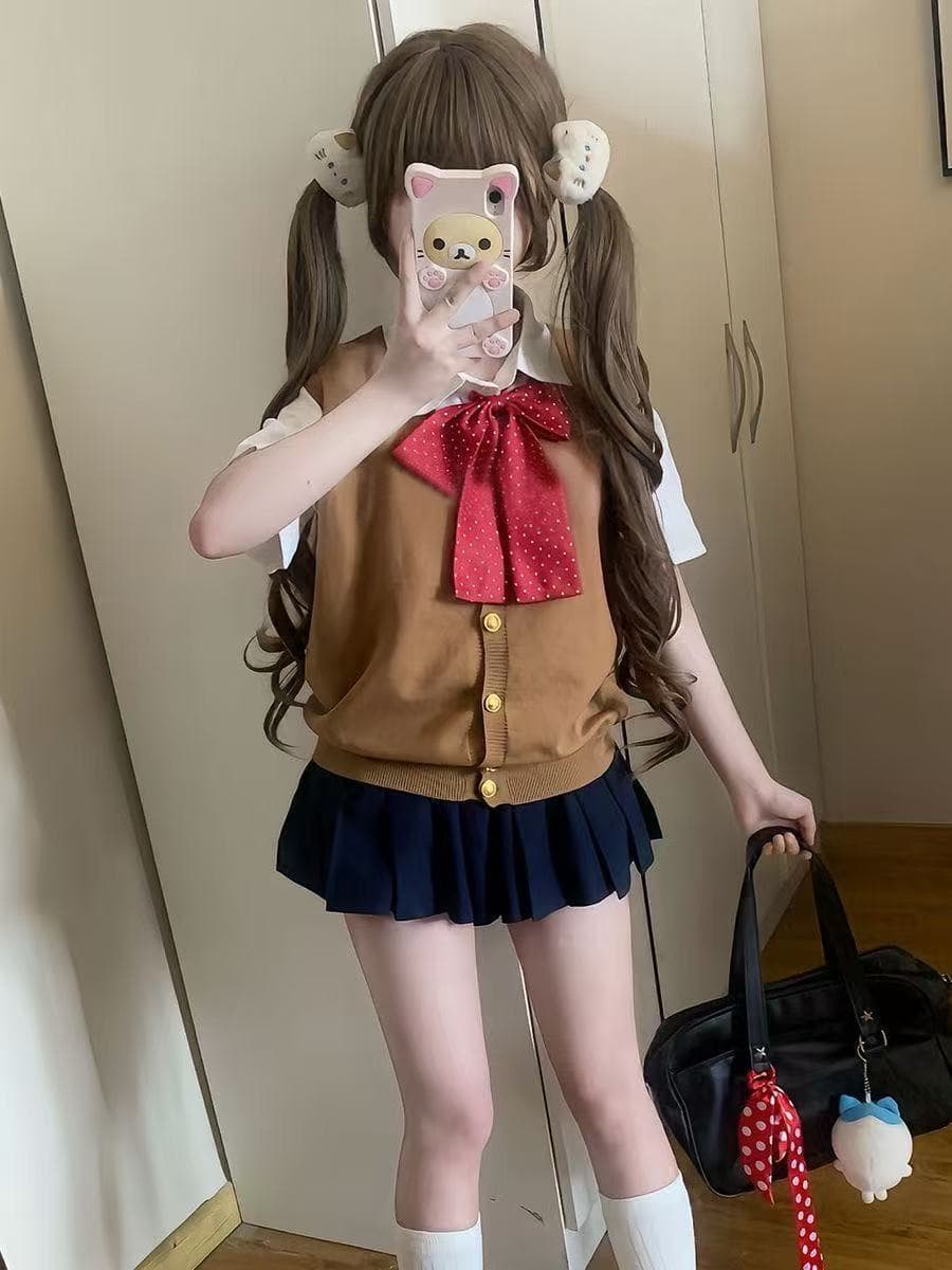 Japanese-style school uniform set, JK uniform top, student vest, blouse, pleated skirt, complete women's outfit.