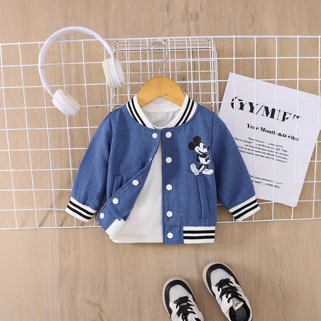A Babyboy Cartoon Cute Animal Heat Transfer Open Front Single Breasted Buttoned Fake Pocket Long Sleeve Jacket Suitable for Autumn