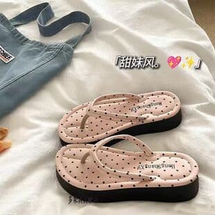 Korean Retro Polka Dot Thick Sole Flip Flops Women Summer Outdoor Trendy Fashion Beach Toe Separator Vacation Sandals
