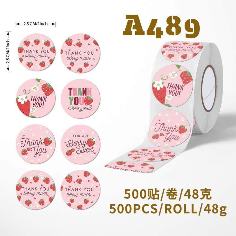New Roll Sticker Strawberry Pattern Thank You Sticker Cartoon Seal Sticker Gift Box Packaging Sticker