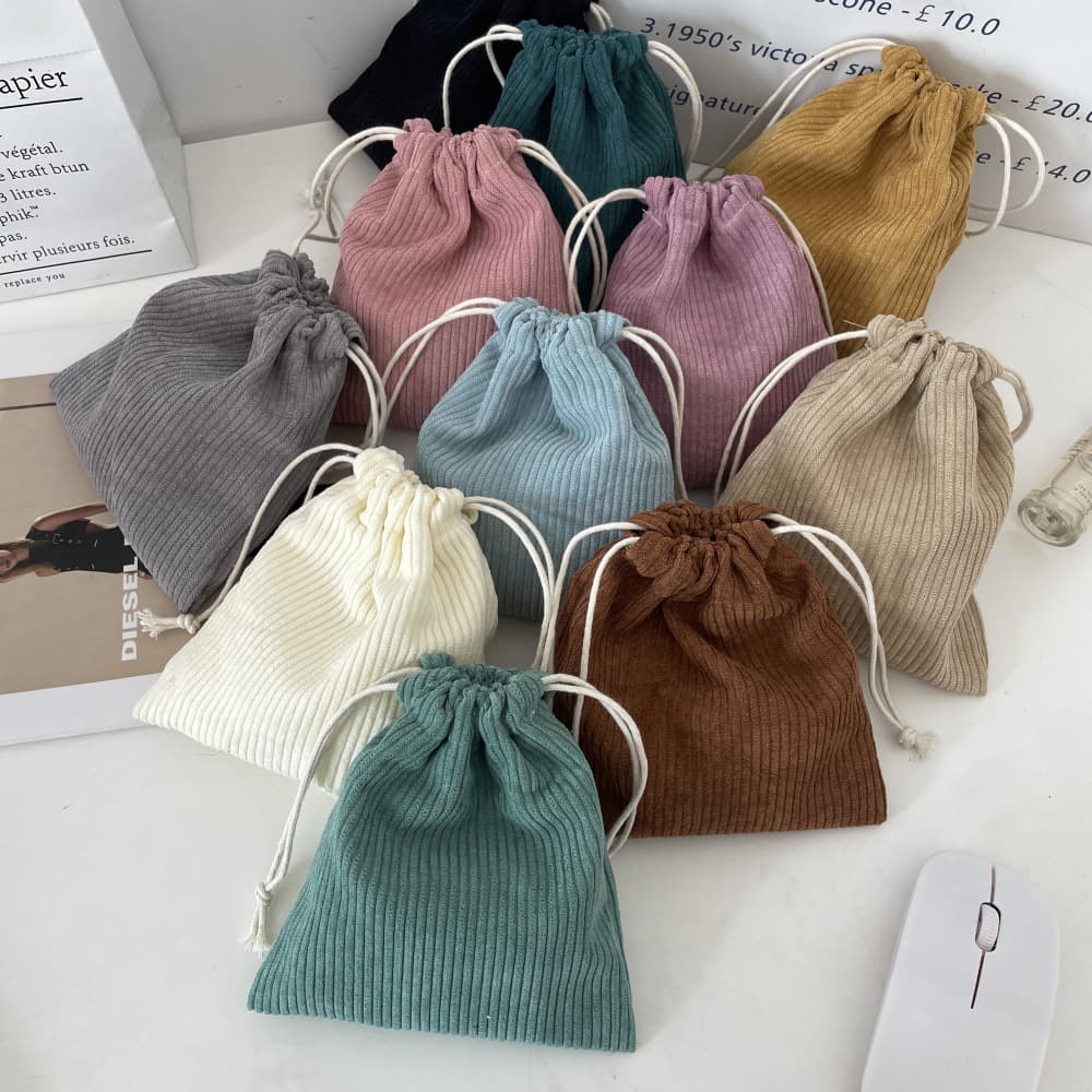 410168 Corduroy Solid Color Storage Blank Style Drawstring Makeup Bag, Portable Large Capacity Three-Piece Set for Women