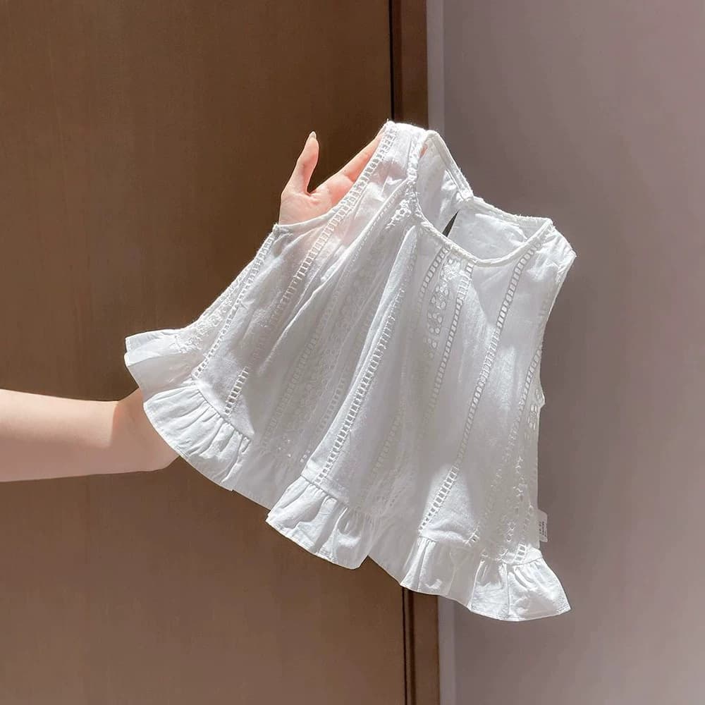 Girls' summer vest, baby's fashionable children's personality, trendy Korean style jacquard hollow lotus leaf lace T-shirt doll's shirt
