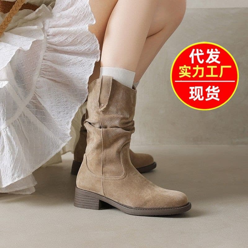 2025 New Autumn Winter Maillard Mid-Calf Short Boots for Women, Western Cowboy Slouch Boots, Thick-Soled Martin Boots, Single Boots