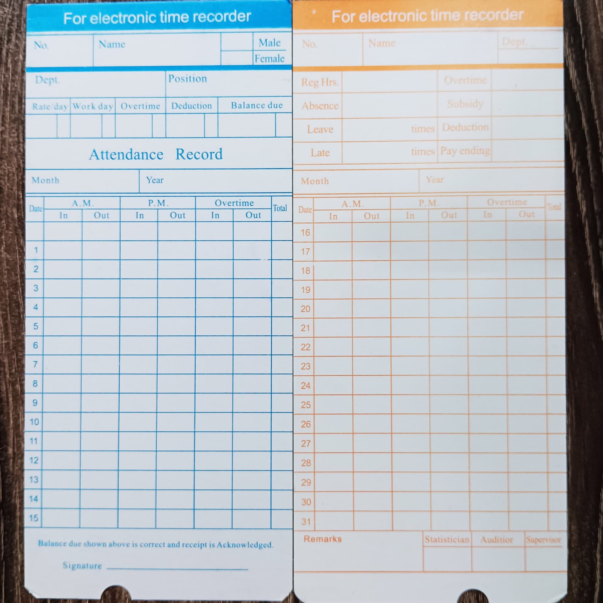 English attendance card time clock card paper Anmanneng Qixin Aiba attendance machine employee card attendance sheet
