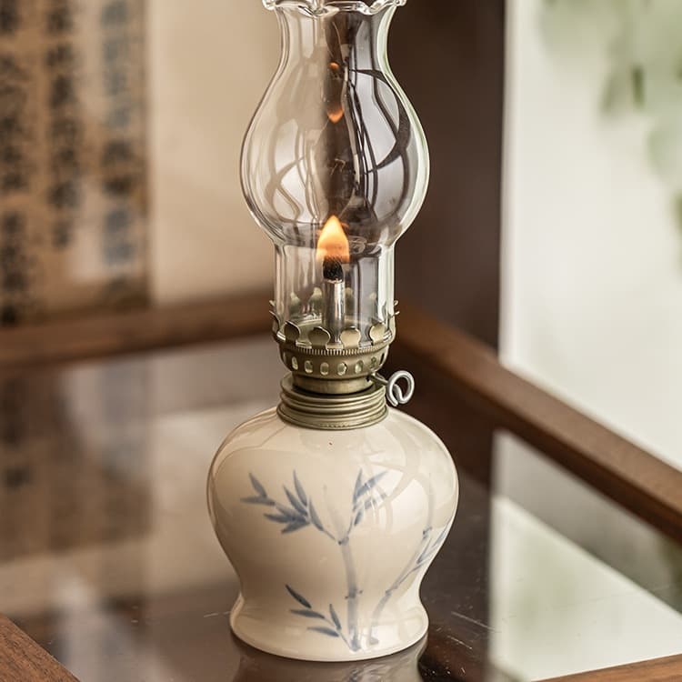 Minimalist Hand-painted Flowers Retro Kerosene Lamp Ceramic Ghee Lamp Dish New Chinese Style Study Bedroom Night Light Lighting