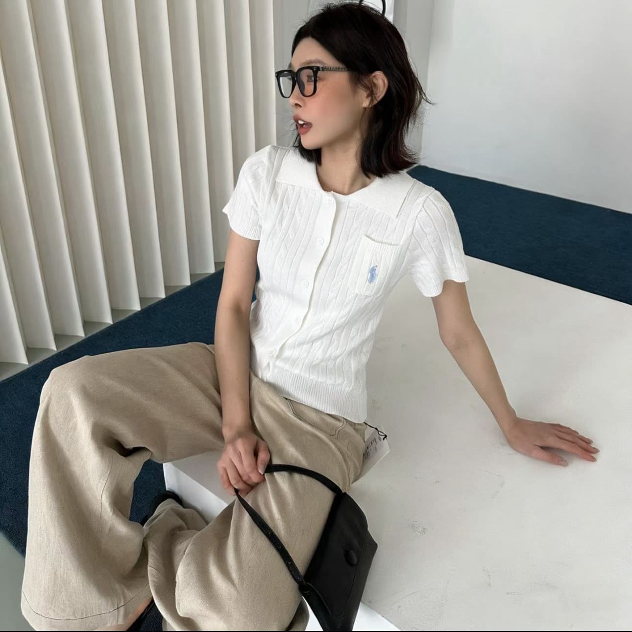 High quality raffia lapel pocket embroidered knitted short-sleeved cardigan knitted short-sleeved commuting all-match slim fit top for women