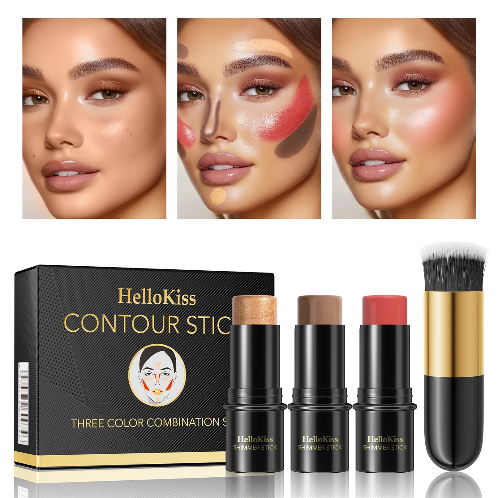 Hellokiss Contour Stick 3-Piece Set - Multi-Function Highlight, Shadow, and Blush Stick for Face Contouring