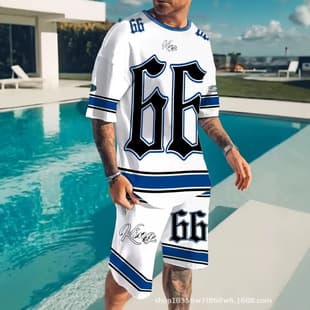 26 American Retro Ice Hockey Jersey Set White and Blue Contrast Loose Short Sleeve and Shorts Two-Piece Street Hip Hop Sportswear