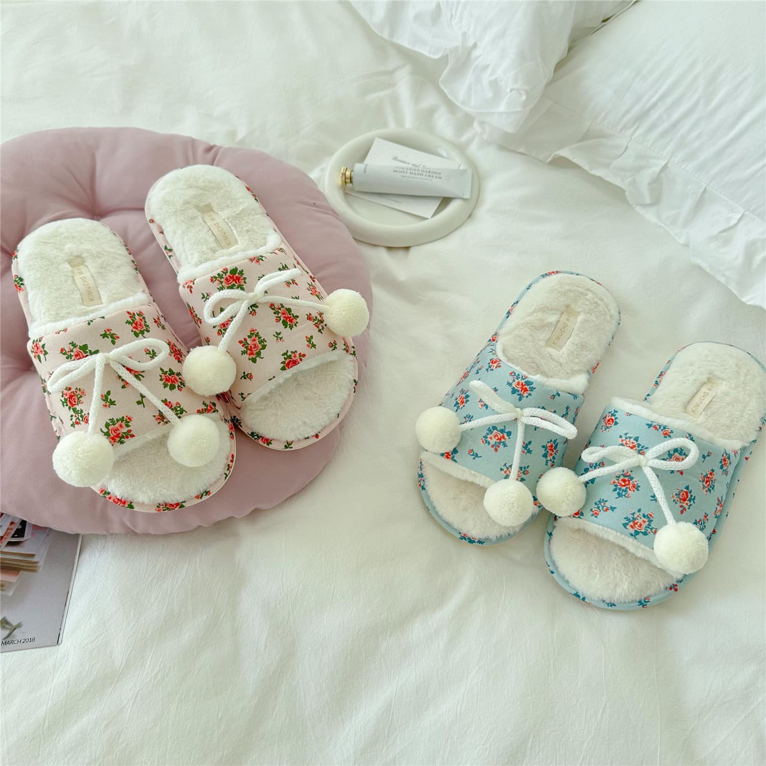 Pom-Pom Style Winter Plush Open-Toe House Slippers, Women's Fall Winter Warm Cotton Slippers Home Shoes