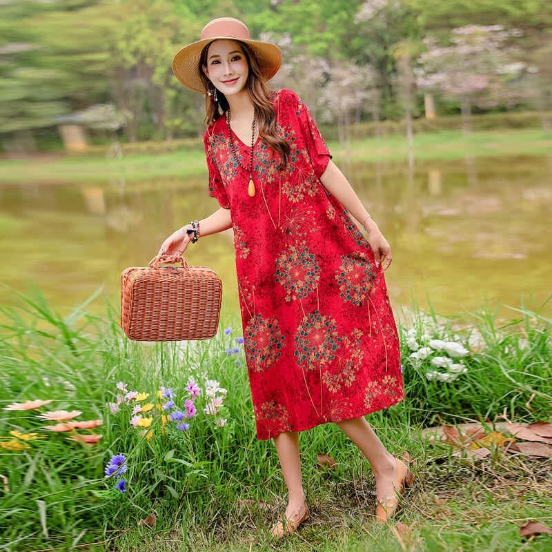 High-end Cotton Silk Dress for Middle-aged and Elderly Women, Summer New Mother Long Dress, Elegant Sleep Dress for Women, Suitable for Outdoor Wear