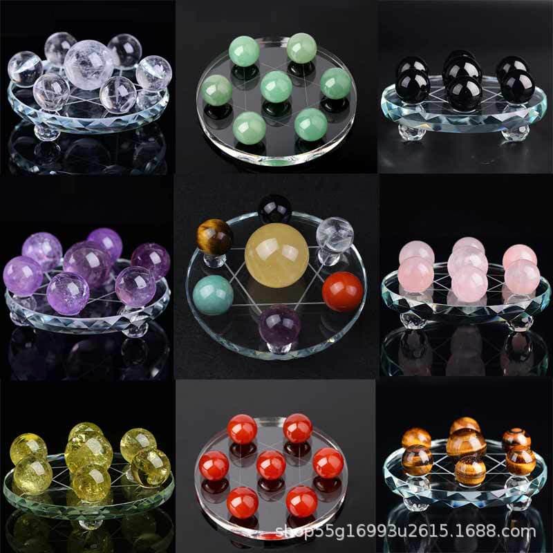 Seven-Star Array Ornament with Natural Crystal Balls, Feng Shui Display Plate, White, Pink, Purple, Yellow Crystal Seven-Star Formation