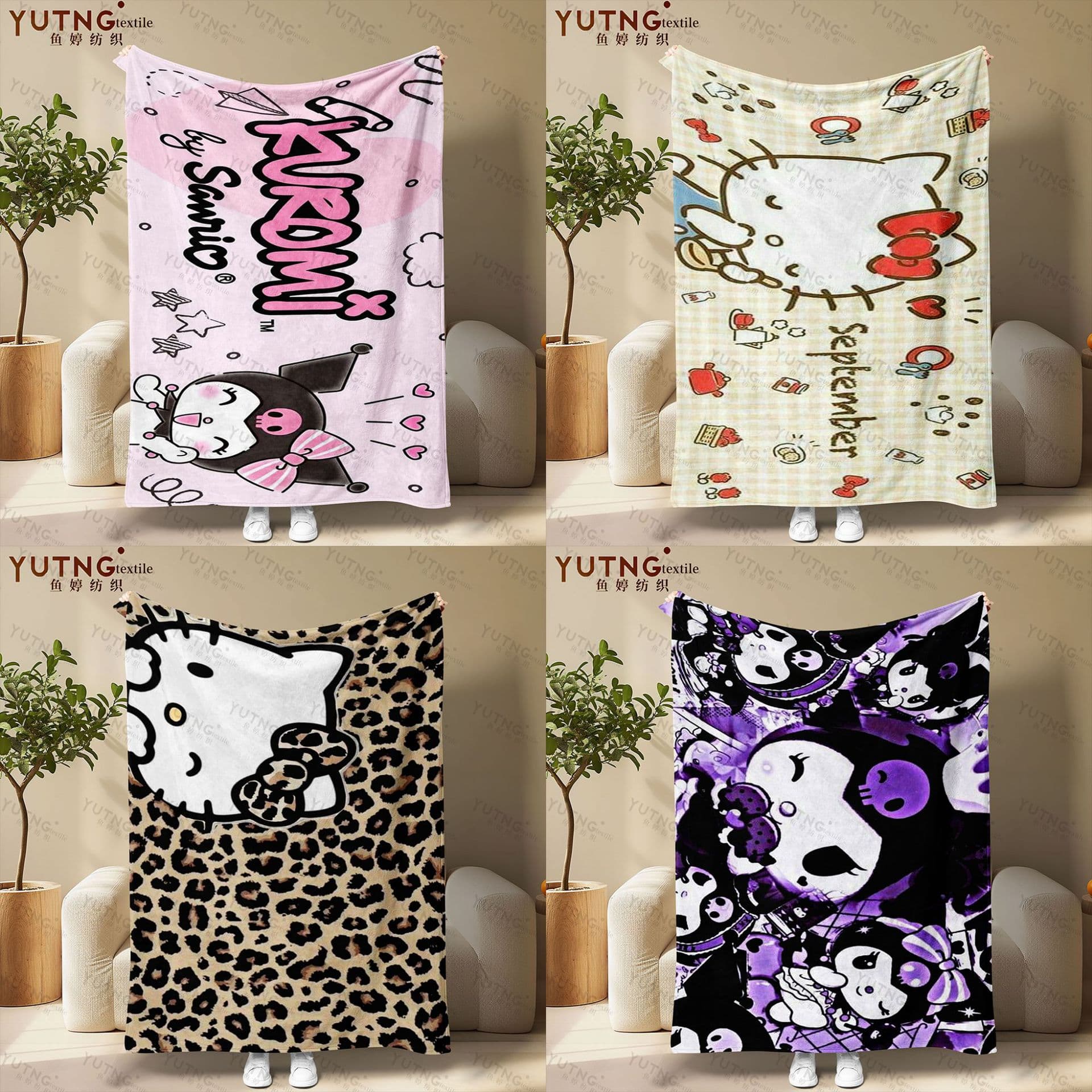 Sanrio Kuromi Hello Kitty Flank Flank Fleece Blanket Cartoon Print Nap Blanket Officially Authorized