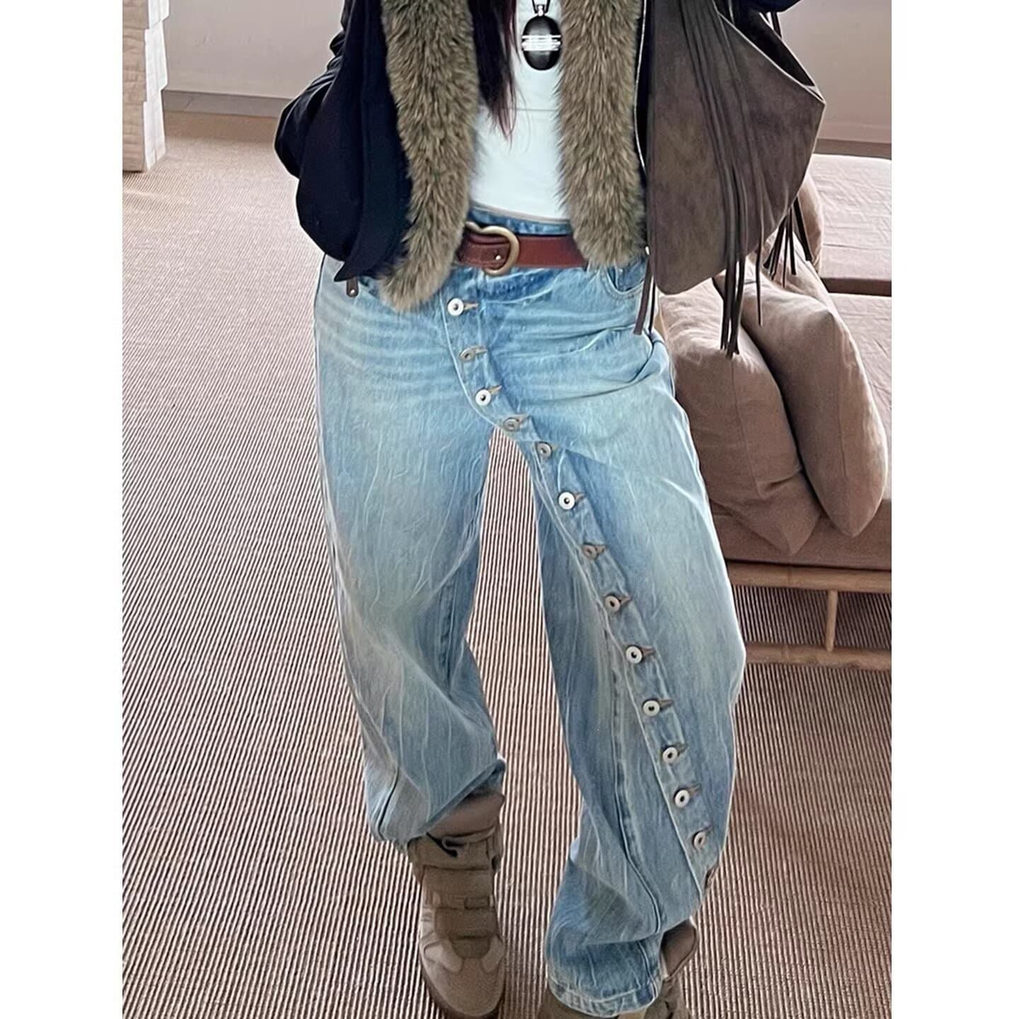 Retro loose button women's design niche versatile straight jeans wide leg pants casual slant door American wash