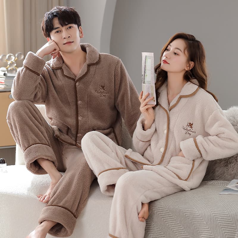Thickened Coral Fleece Flannel Couples Sleepwear Set Autumn Winter Home Clothes Long Sleeve Long Pants Warm Comfortable Breathable