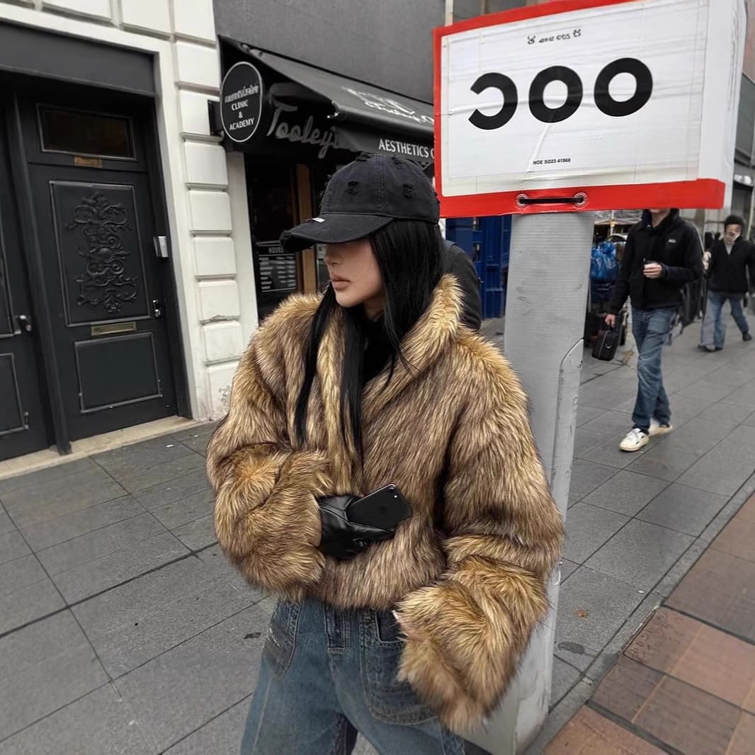 Amazon EU/US Cross-Border Fall/Winter Women's Faux Fur Jacket Short Raccoon Hair Coat Street Warmth Overcoat