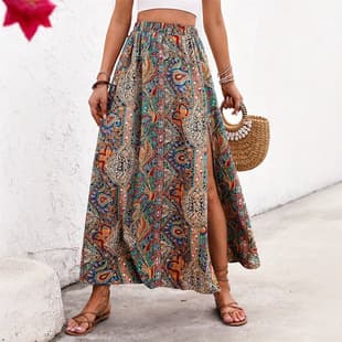 Cross-border Ethnic Style Printed A-Line Split Skirt, Spring/Summer High-End Women's Skirt