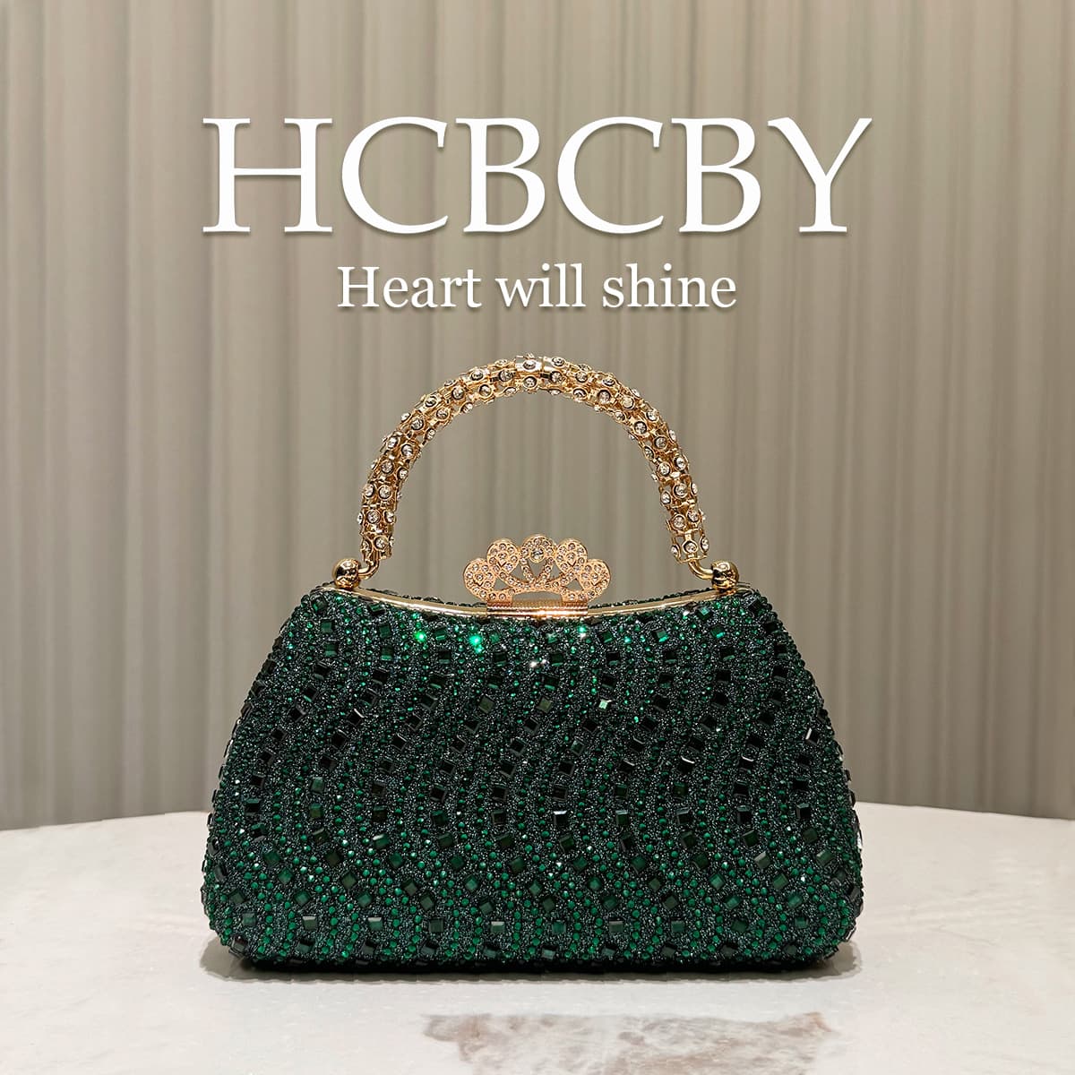 Dark Green Shiny Glittering Rhinestone Decor Handbag Women Fashion Elegant Luxury Clutch Evening Bag