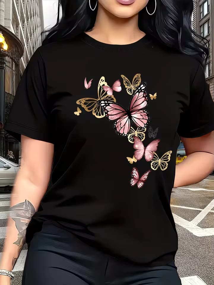 【Cross-Border European Size】Butterfly T-Shirt for Women, Summer Pink and Gold Pattern T-Shirt, Vintage Aesthetic Loose Short Sleeve Top