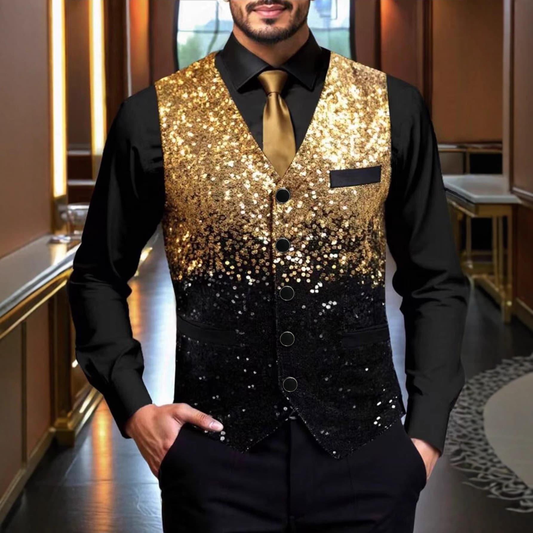 Men's Gradient Sequin Suit Vest for Nightclubs and Bars, Front Desk Server Attire