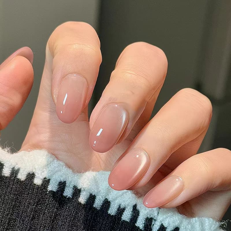 Handmade Nude Glass Bead Cat Eye Detachable Ins Handmade Press-On Nails Nude Pink Gradient Gentle Skin-Brightening Short