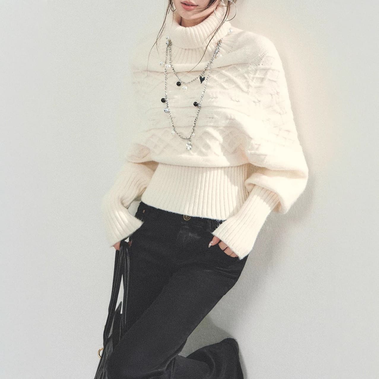 ANDYET AD1 Cable Knit Batwing Sleeve Pullover Sweater for Women, High Neck, Cinched Waist Top, Lazy Fit, Slimming, Stylish Knitwear