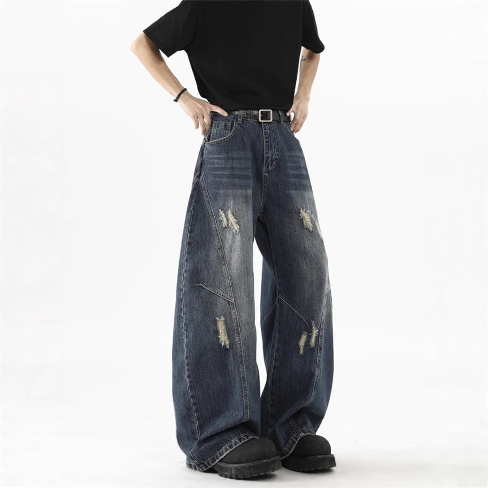 American Baggy Curved Knife Denim Jeans for Men Summer Streetwear Brand Design Ripped Pants High Street Washed Floor-Length Trousers