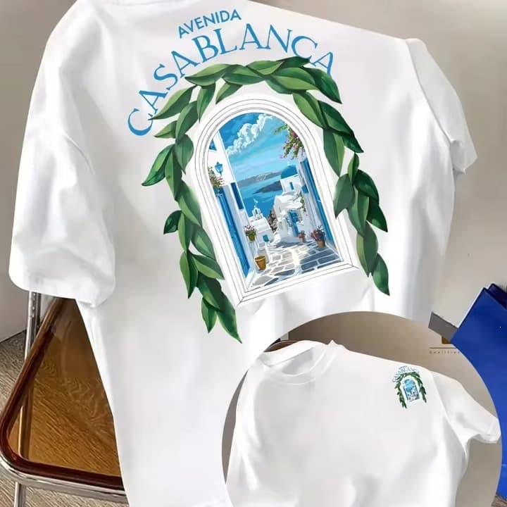 Summer Trend Moroccan City Architecture Print Casablanca Fountain Summer Casual Versatile Short Sleeves