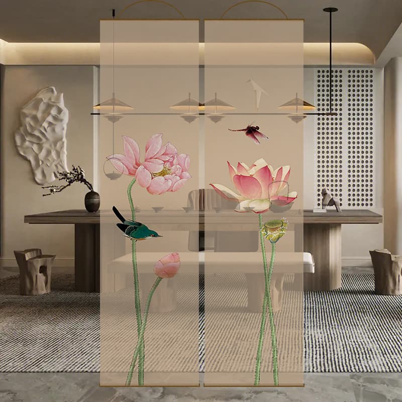 Semi-Transparent Ink Lotus Beautiful See-Through Screen Curtain Chinese Roller Partition Curtain Hanging Curtain Ink Wash Curtain Sheer Curtain Light Transmitting