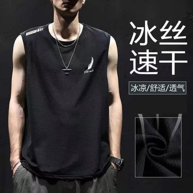 Men's Ice Silk Vest Summer Sports Fitness Sleeveless Thin Training Top Quick Dry Wide Shoulder Base Shirt Trendy T-shirt