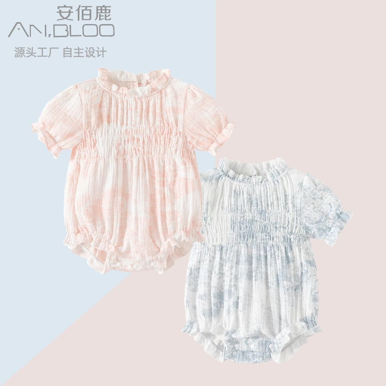 Chinese Ink Wash Painting Pure Cotton Baby Girl Romper Summer Thin Onesie Infant Bodysuit Short Sleeve Crawling Suit