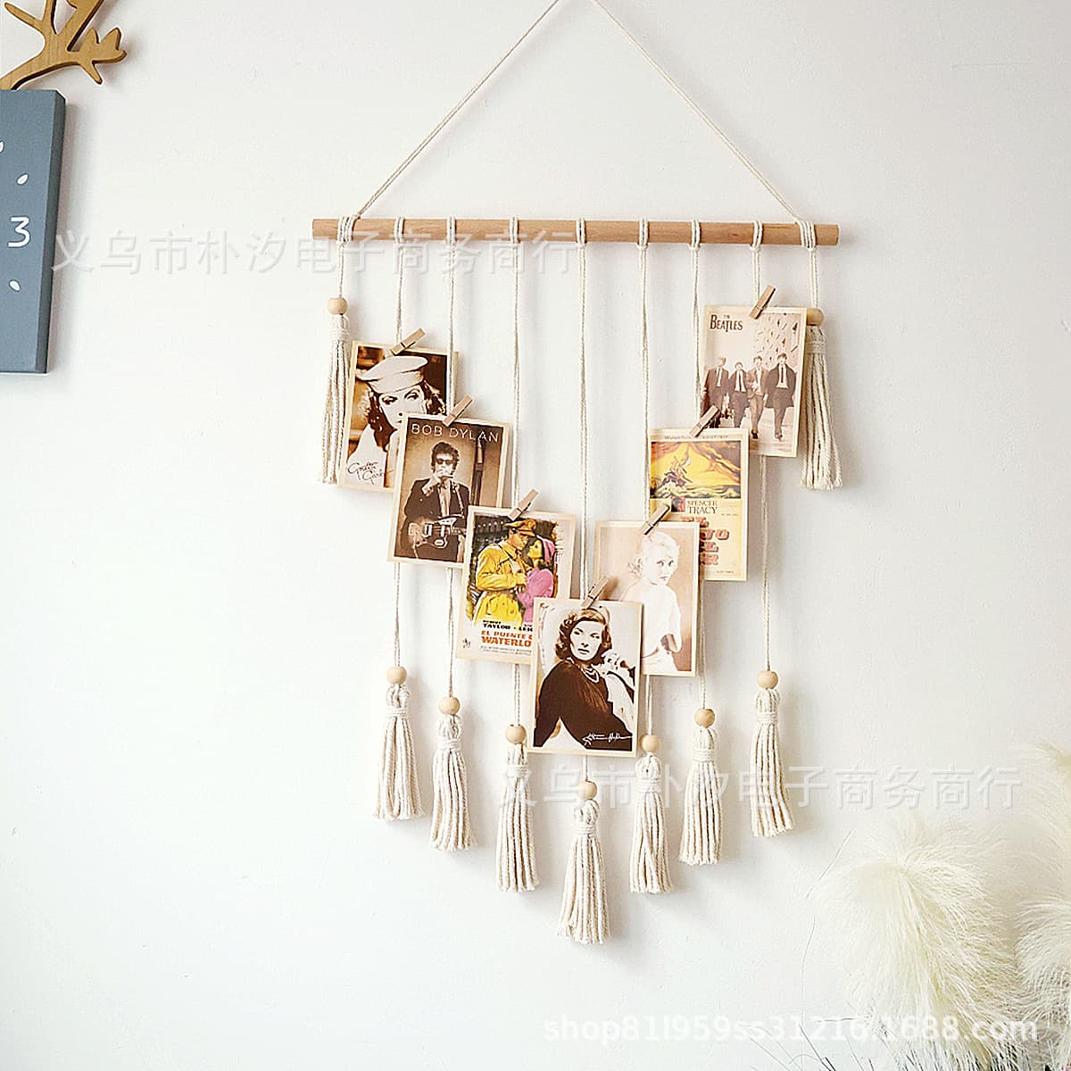 Cross-border hanging photo display with tassel wooden bead string, home decor wall hanging, bohemian photo wall