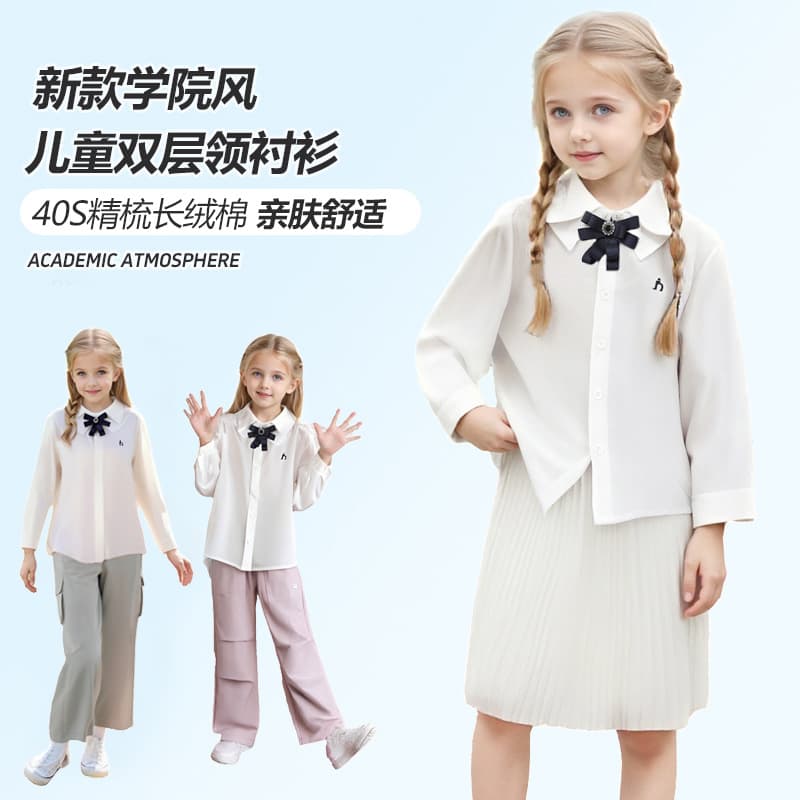 New Girls' Double-Layer Collar Shirt Academic Style 3D Bow Decoration High-Quality Cotton Elegant British Soft Touch Shirt