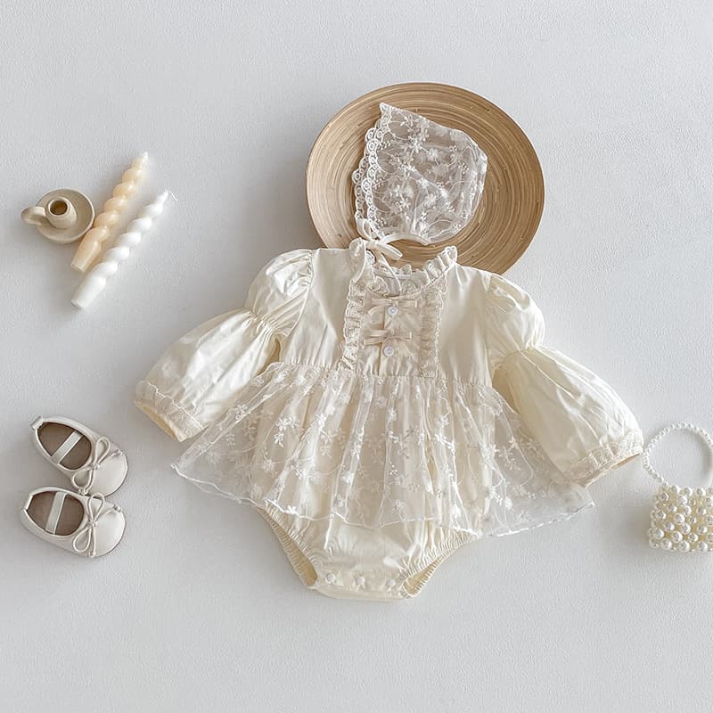 2026 Fall Baby Clothes Lolita Sweet Romper Dress Long Sleeve Soft Lace Bodysuit with Hat