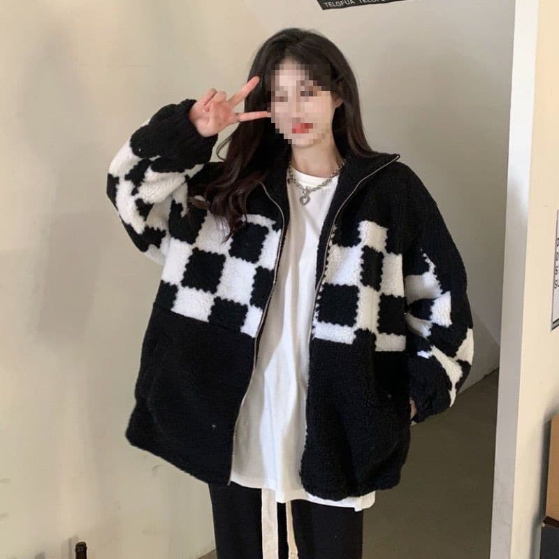 Checkerboard Sherpa Zipper Hoodie Women Petite Spring Autumn Korean Style Lazy Style Plus Size Loose Color Block Jacket Trendy