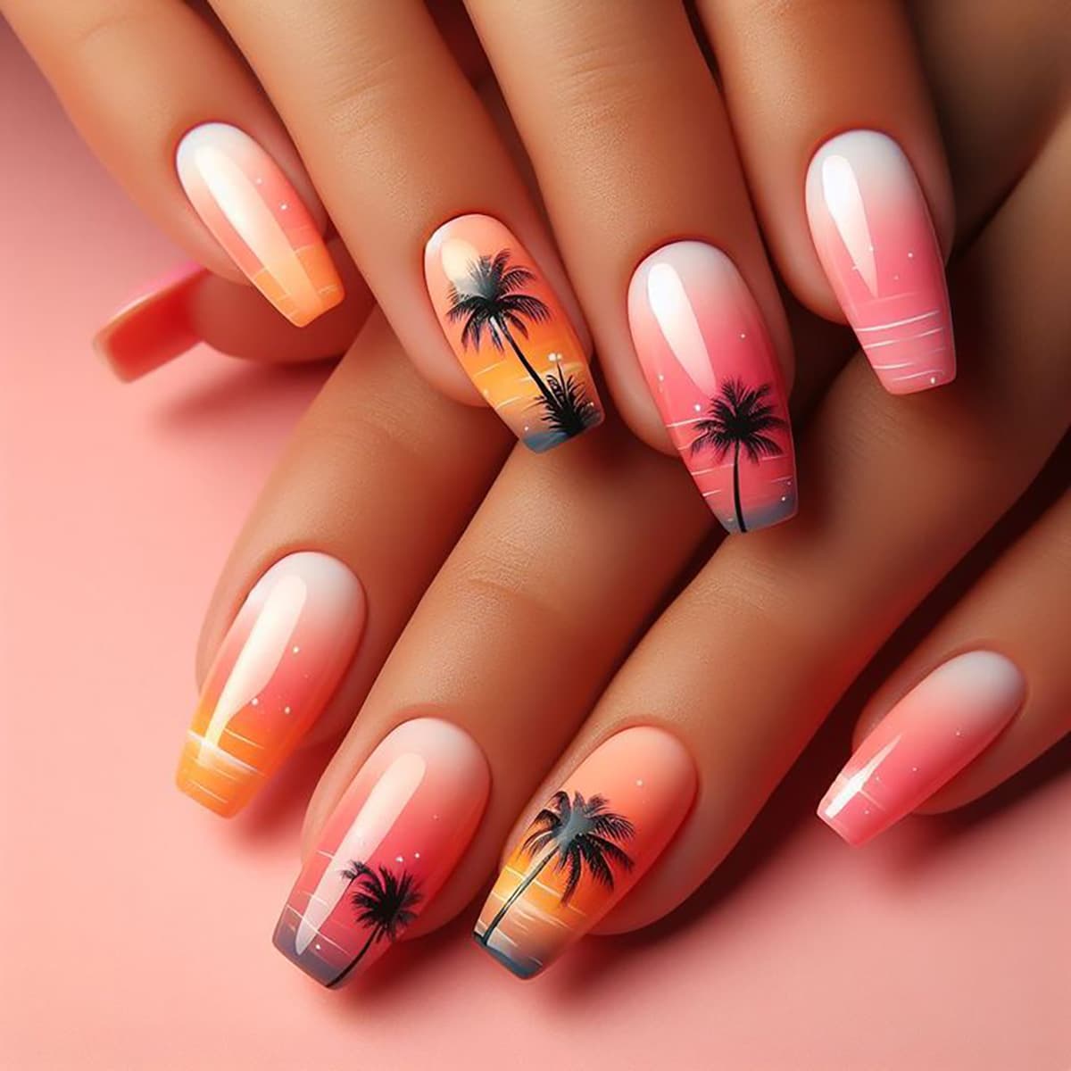 Cross-border European and American ins style cute beach sunset dusk medium-length ballet false nails sweet casual fake nails