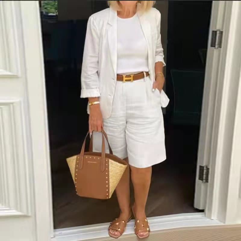 Amazon 2025 Spring Autumn Cross-border New Export Women's Cotton Linen Cardigan Top Shorts Small Suit Two-Piece Set