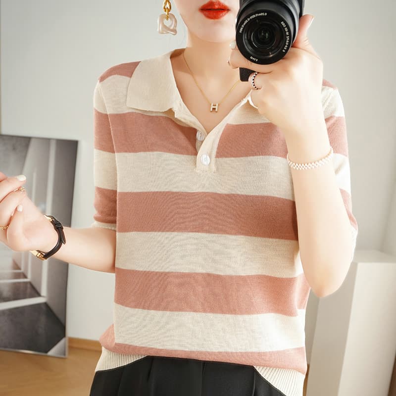 Spring Summer Fashion Age-Reducing Contrast Stripe Polo Collar Knit Top Women Short Sleeve Ice Silk T-Shirt Base Layer