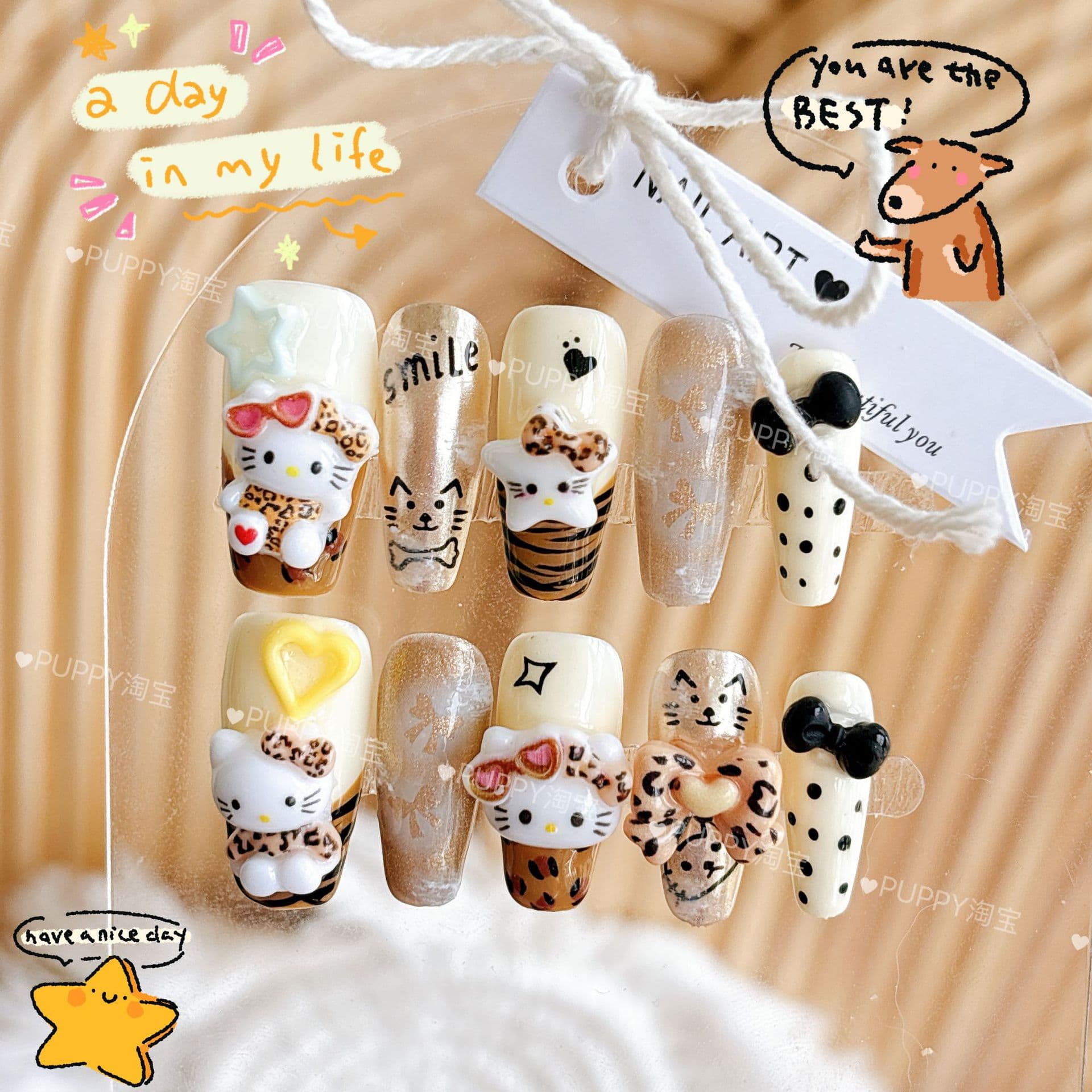 Leopard kitty khaki black and white manicure hand drawn cartoon cute wearable manicure millennium hot girl color sweet cool y2k