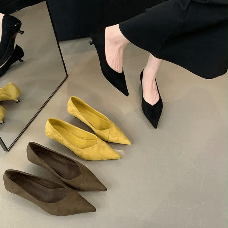 In Stock, Drop Shipping ~ French Kitten Heel Pointed Toe Flats for Women, Slip-On Elegant Shallow Mouth Thin Heel Work Shoes