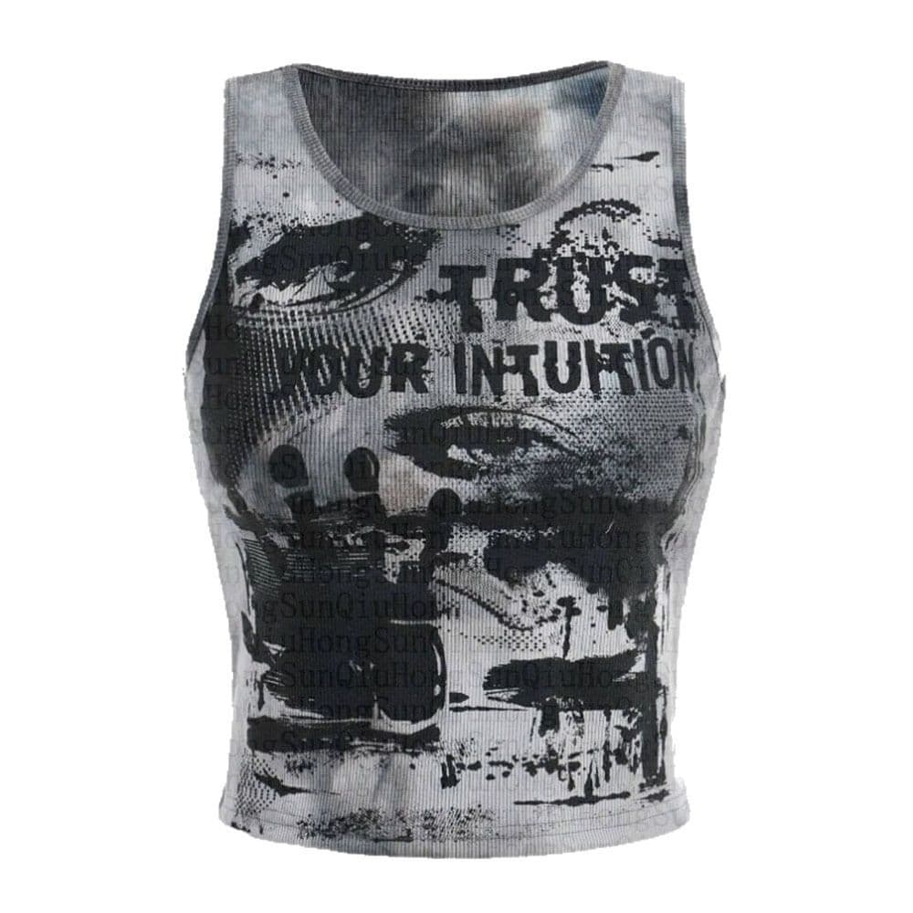 AliExpress 2025 European and American Personality Dark Graffiti Dyeing Versatile Slim Round Neck Slimming Racerback Top for Women