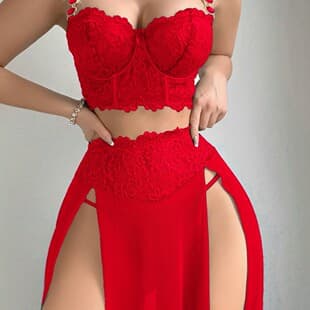 European and American Plus Size Sexy Lace Chemise Nightgown Lingerie Set for Women