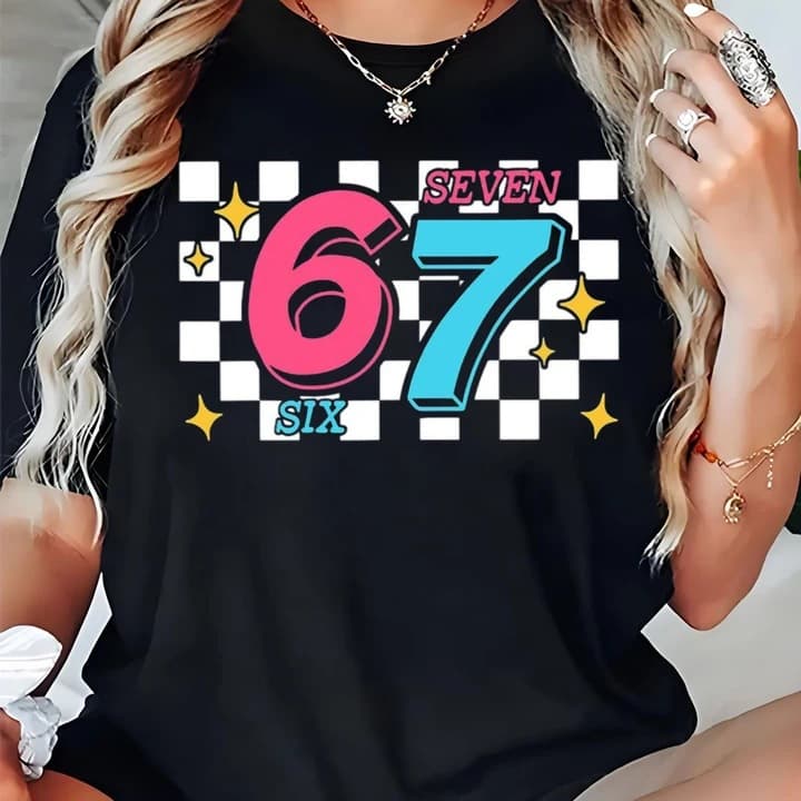Loose top black t-shirt casual checkered and numbers suitable for trendy brand 67 printed flag cross-border women's short-sleeved pattern