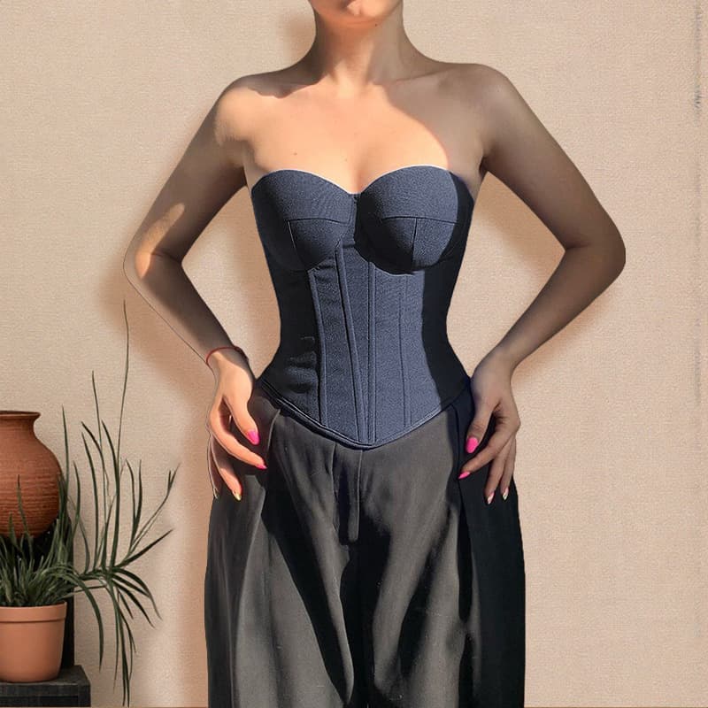 European and American Spring New Style Denim-Look Vest Halter Backless Lace-Up Waist Solid Color Boning Top for Women