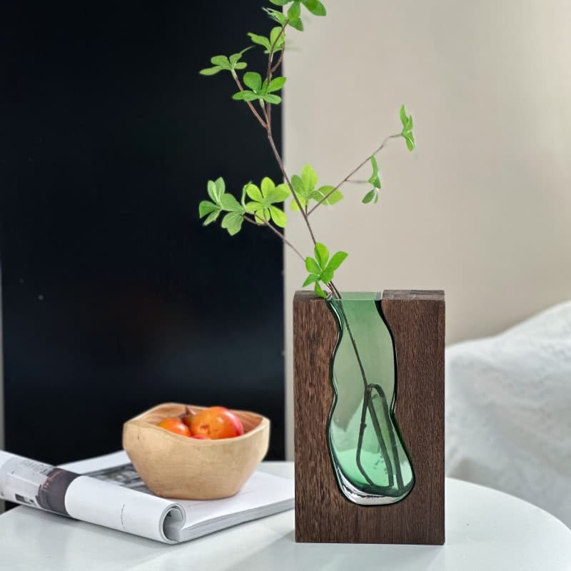 Creative Wooden Glass Vase Designer Home Decorative Ornament Hotel Living Room Entrance Premium Flower Vessel