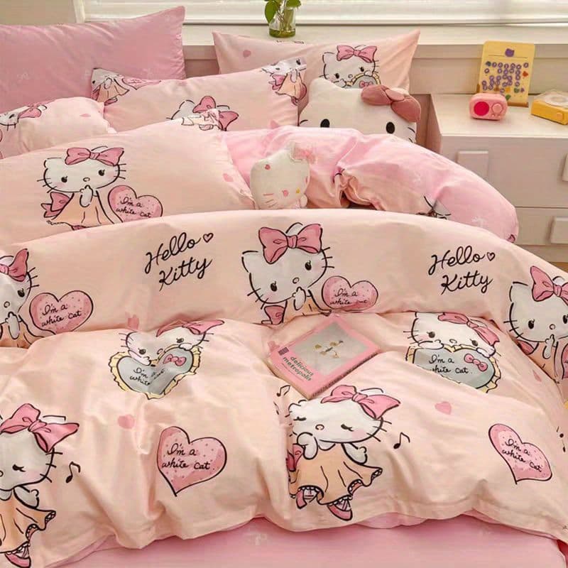 Antarctic Thick Cartoon HT Cat Washed Cotton Duvet Cover, Sheet, Three-Piece Set, Four-Piece Set, Bedding