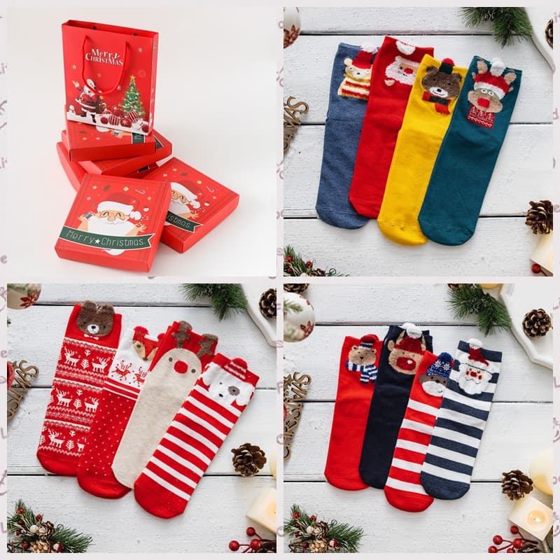Cross-border Christmas Socks Women's Cartoon Mid-Calf Socks Cute Christmas Gift Box Santa Claus Socks