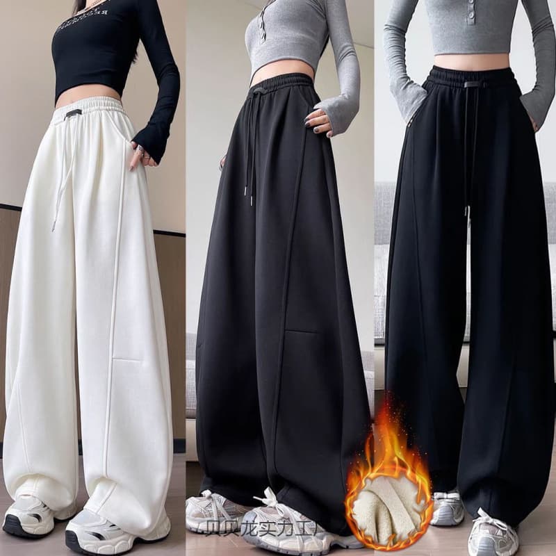 Women's new high-waisted, straight-leg, wide-leg sweatpants with curved blade design, slimming and comfortable, with fleece lining.