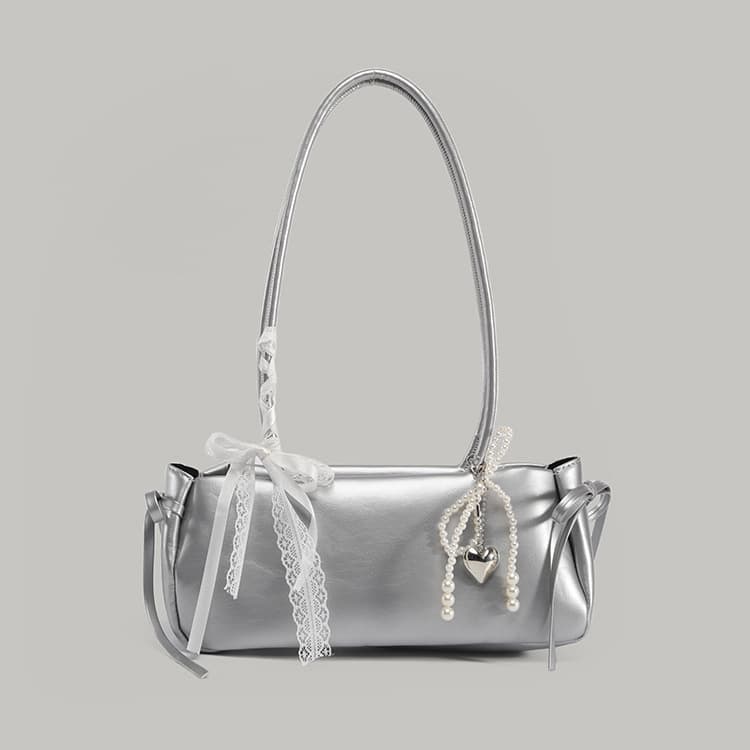 Korean Style Bow Bowling Bag for Women 2025 New High-End Silver Shoulder Armpit Bag Fashionable and Versatile Satchel