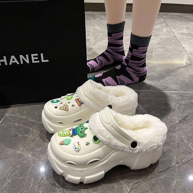 Winter Fleece-Lined Removable Clog Slippers for Women, High Heel, Anti-Slip, Student Style, Cotton Terry